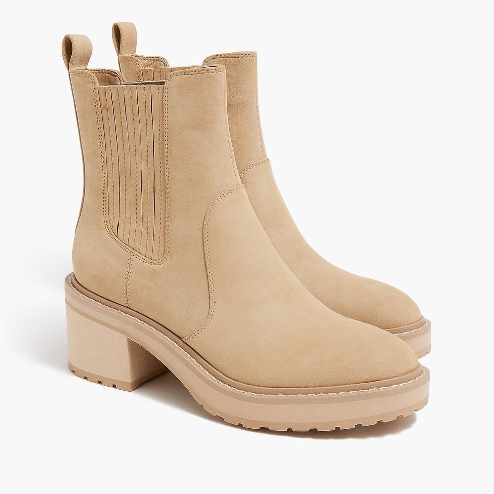 J. Crew Nubuck Lug-Sole Heeled Chelsea Elastic Booties Cashew Size US 7 NWOB